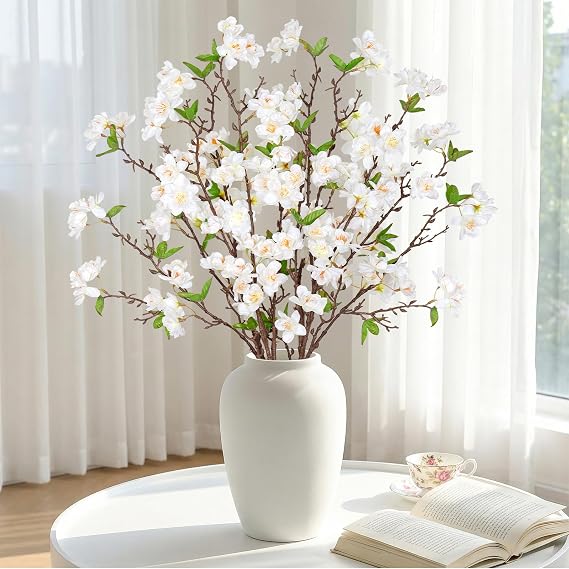 4PCS Artificial Cherry Blossom Branches White Artificial Spring Flowers 36.2in Long Stem Fake Flowers Plum Blossom Stems Silk Flower Arrangements for Vase Home Wedding Outdoor Indoor Decor