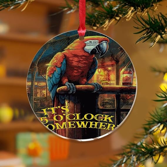 It's Five O'clock Somewhere Christmas Tree Ornament Tiki Bar Pool Hot Tub Luau Rustic Keepsake Clear Acrylic Discs Macaw Parrot Animal Pet Pendant for Christmas Tree Decoration Gift Tag Name Plates