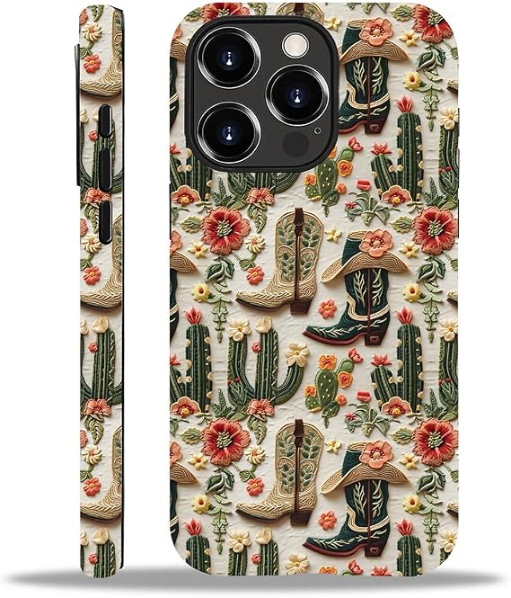 iPhone 13 Pro Max用ケース、落下防止スクラッチフロスト保護カバーケース 女性用 ガールズ-ウエスタンサボテン カウガールブーツ 花柄