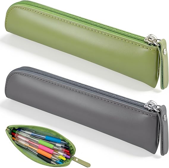 Mini Pencil Case, PU-Material, Slim Pencil Case with Zipper, 2PCS | Leather Pen Pouch, With Zipper, Elegant Vintage Style, Fountain Pen Holder Case, Matcha Green + Dark gray