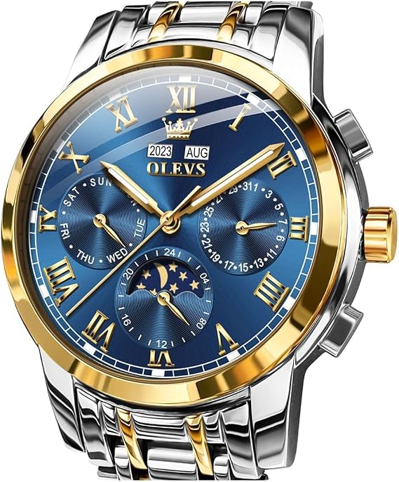 OLEVS Blue Automatic Men's Watches, Gold Self-Winding Mechanical Business Luxury Stainless Steel Wrist Watch with Moon Phase Waterproof Luminous with Calendar for Men, 6692: gold silver strap and blue