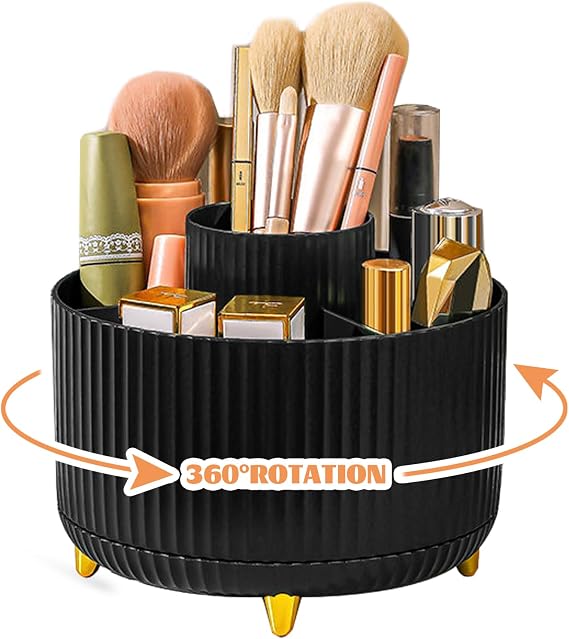 360° Rotating Makeup Organiser, Make Up Brush Holder with 5 Compartments, Dressing Table Cosmetic Organiser for Bedroom, Bathroom, Office Stationery Storage, Desktop Pen Holders (Black)