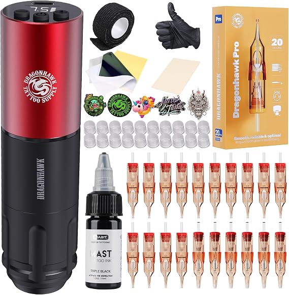 Dragonhawk A1 Beginner Tattoo Kit, Wireless Complete Pro Tattoo Gun Pen Machine Kit, Cartridge Tattoo Machine Needle