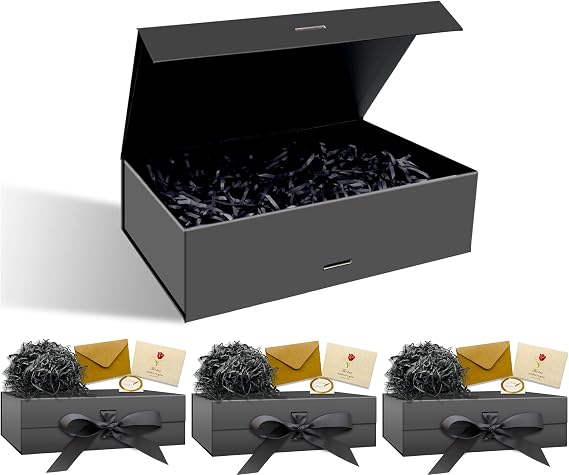 RUIXUE Black Gift Box 3 Packs 32x22x9 cm,Gift Boxes with Lids Greeting Cards and Shredded Paper,Gift Boxes for Presents,Suitable for Gift Wrapping Birthday Wedding Christmas. (Black-L3, 32x22x9cm)