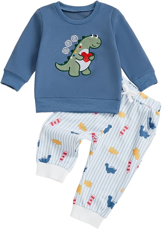 Toddler Boy Fall Spring Outfits Dinosaur Heart Embroidery Long Sleeve Sweatshirt Pencil Striped Long Pants 2pcs Kids Tracksuits Boy Valentines Clothes
