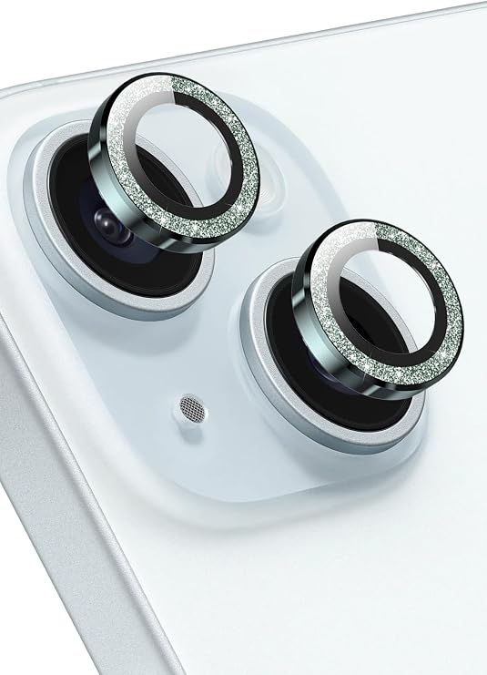 Apple iPhone 15 ve iPhone 15 Plus ile Uyumlu Kamera Koruma, Parlak Simli Gömülü Taşlı Lens Koruyucu Cam, Yeşil