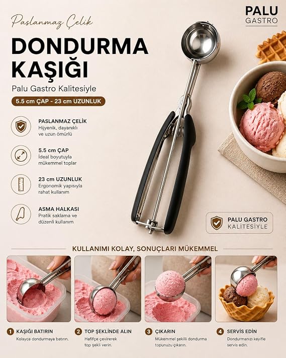 Siyah Saplı Paslanmaz Çelik Dondurma Kaşığı - 23 cm (5.5 cm Çap)