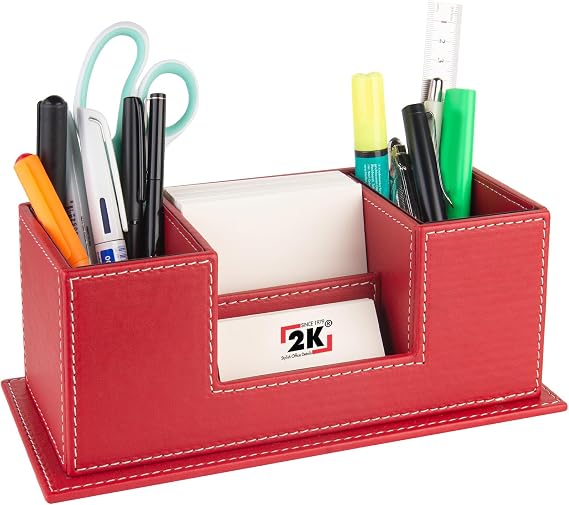 Masaüstü Deri Organizer Kalemlik 4 Gözlü Desktop Organizer Rainbow Vegan 10x12x25 cm. Kırmızı