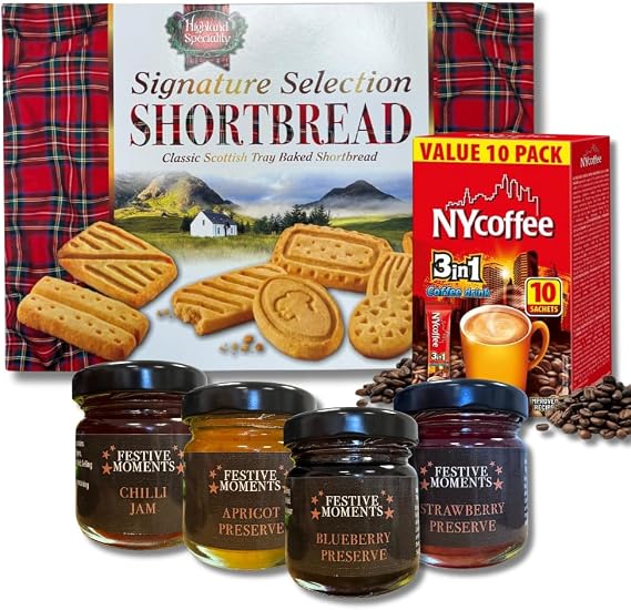 Luxury Scottish Shortbread Gift Bundle - 4 Gourmet Preserves - Highland Shortbread Selection 500g, Premium Preserves Mini Jams & Coffee Bundle