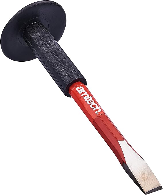Amtech Cold Chisel with Rubber Guard, Drop-Forged Heat-Treated Steel for Brick & Concrete, Octagonal Shaft for Better Strike Accuracy, 10" × 5/8"