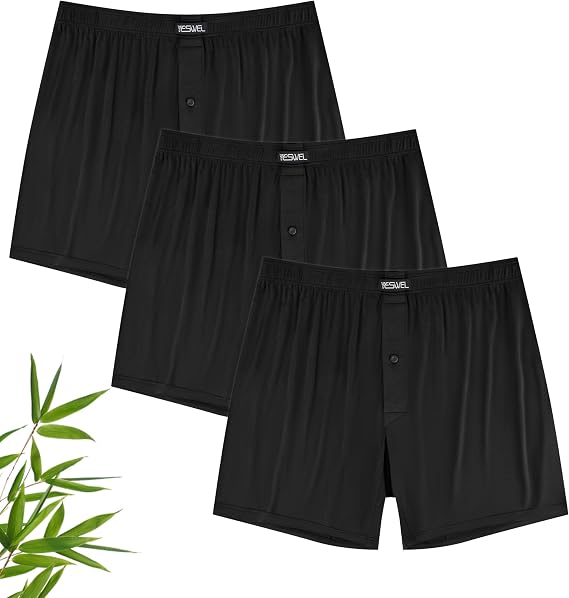 YESWEL Mens Boxers Bamboo, Boxer Shorts Multipack with Button Fly, Loose Fit Underwear Trunks, No Itchy Labels Underpants Pack of 3 (M-4XL)