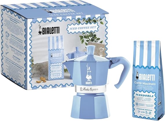 Bialetti Moka Express Aluminium Coffee Maker Set 3 Cups Turquoise with Almond Ground Coffee 250 g Almond Flavoured