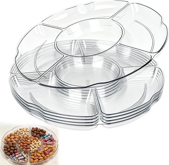 4 Pack Clear Compartment Trays with 5 Section, Plastic Snack Serving Platter Snack Plate Reusable Snack Plate Platter for Party Food for Appetizers Snacks Fruit Candies Dessert Nibbles Nuts