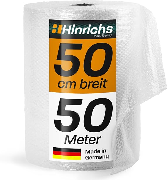 Hinrichs Bubble Wrap 50 m - Bubble Wrap for Packaging - Packaging Material for Sensitive Objects - Bubble Wrap Plus Utility Knife - Padding Material for Moving and Shipping