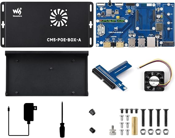 Waveshare Compute Module 5 IO Board, Compatible with All Variants of Raspberry Pi CM5, with PoE Feature, Bundle with PoE Base Board + Case + Power Supply Adapter