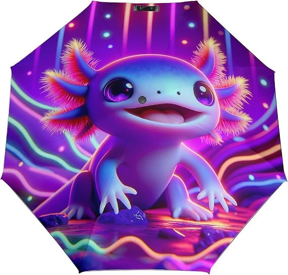 Folding Umbrella Auto Open Close 3 Fold Travel Umbrella Purple Cartoon Animal Windproof Sun Protection Compact Portable for Rain UV Defense