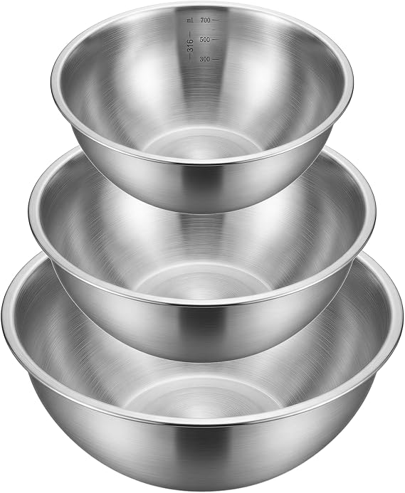 3Pcs Stainless Steel Mixing Bowls (0.7Litre,1.2Litre,1.8Litre)