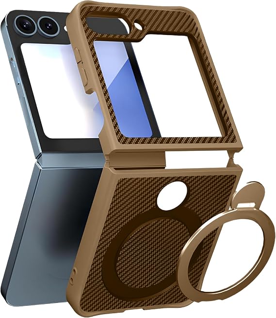 Babilden Samsung Galaxy Z Flip 5 İle Uyumlu Kılıf Karbon Fiber Materyal Stand Özellikli Lens Çerçeveli Ve Sararmayan Güçlü Darbe Emici Premium Telefon Kılıfı (Gold)