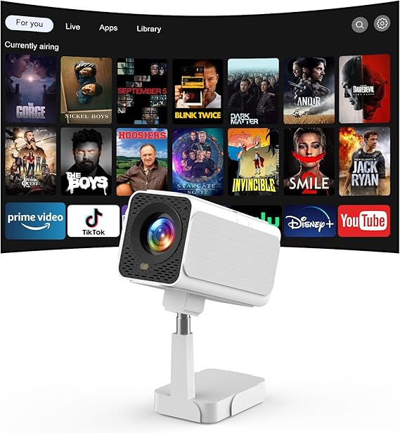 [Android TV OS & Telescopic Stand] PURSHE Smart Projector with WiFi6 and Bluetooth, Electric Focus/Auto Keystone 1080P Mini Projector 300ANSI with 180°Adjustable Stand, One-Click Use YouTube/HBO/Hulu