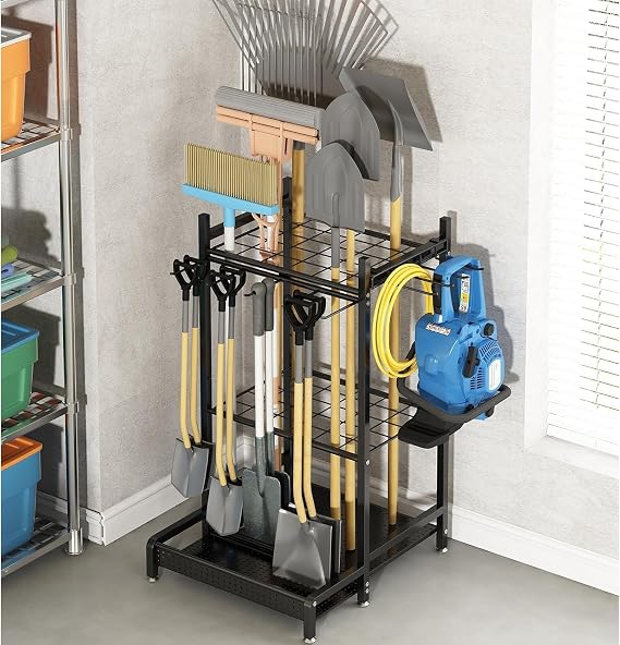 Garden Tool Organiser, Heavy-Duty Metal Storage Rack for Garage & Yard, Utility Tool Stand with Hooks for Brooms, Shovels, Rakes & Long-Handled Tools, Black