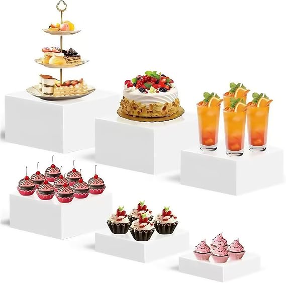 6Pcs Buffet Risers, Acrylic Cupcake & Dessert Display Stand Set, White Food Risers with Hollow Bottoms for Buffet Table, Cube Boxes Display Stands for Party, Wedding, and Event Decor