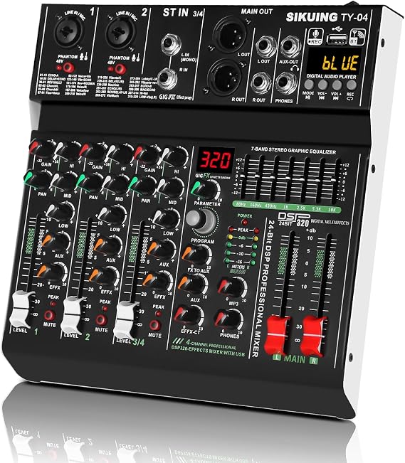 4 Channel Professional Portable Audio Mixer,320 DSP Effects+7-Band Equalizer,Bluetooth Sound Card+48V Phantom Power,USB Interface,for PC Recording,Karaoke Studio Effects,and Streaming Playback