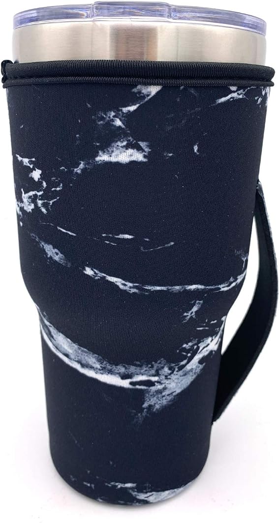Reusable Neoprene Iced Coffee Cup Sleeve Neoprene Insulated Sleeves Cup Cover Holder Idea for 30oz - 32oz Tumbler Cup,Trenta Starbucks, Large Dunkin Donuts (Only Cup Sleeves) (Marble Black)