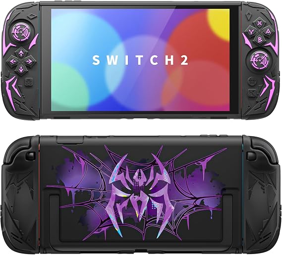 PlayVital Nintendo Switch 2 Cyber Spider Protective Case Compatible with Dock & Built-in Kickstand Shockproof Anti-Slip Silicone Grip Back Hard Shell for Switch 2 with Joystick Cover Black