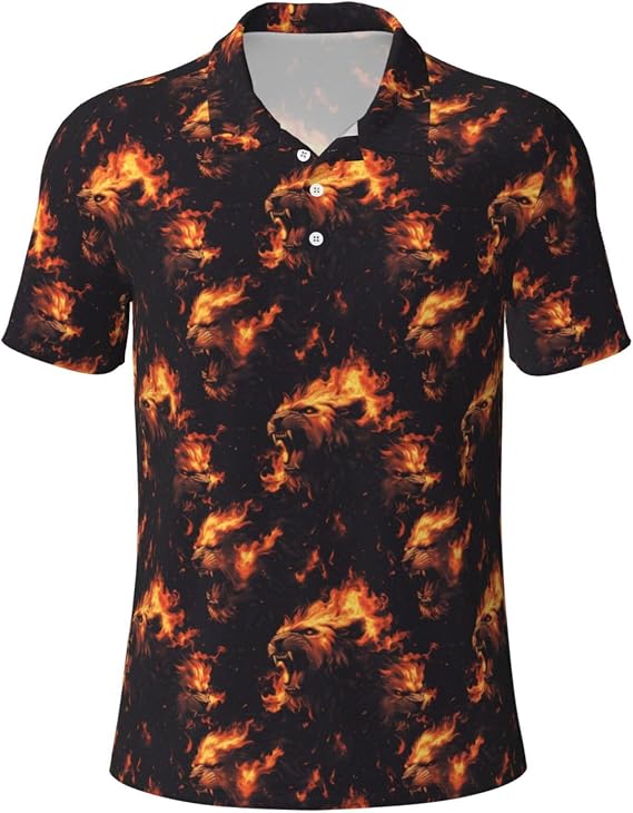 Flame Lion Dark Print Polo Shirts for Men-Funny Golf Shirts for Mens Short Sleeve Polos Polo T Shirts