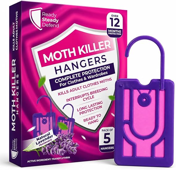 5-Pack Clothes Moth Killer Hangers for Wardrobes: Clothes Moth Killer | Contains Transfluthrin | Moth Protection for Wardrobes and Drawers | Up to 3 Months Protection per Hanger | Lavender-Scented
