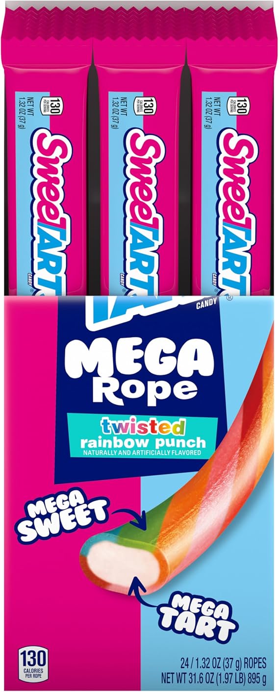 SweeTARTS Mega Filled Ropes Twisted Rainbow Punch Candy, 1.32 oz, 24 Pk