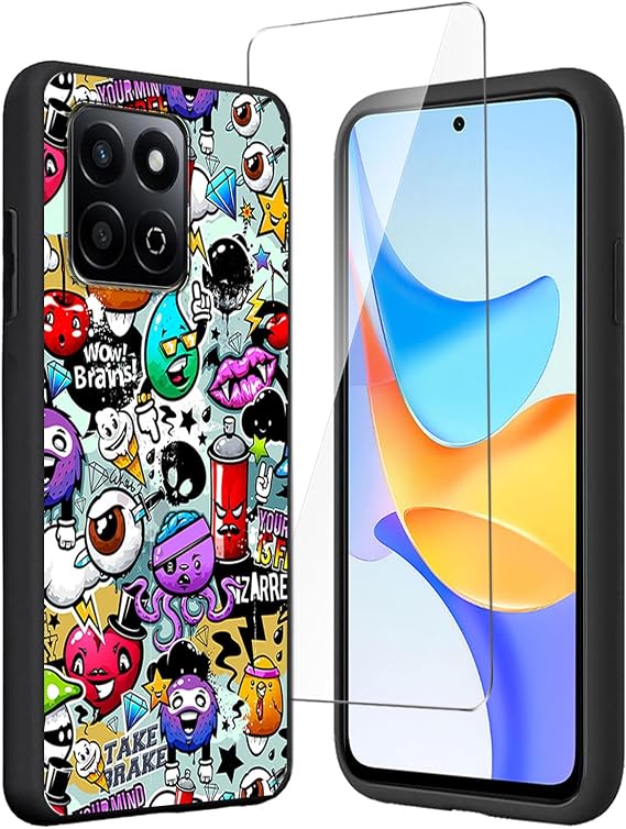 Case for Honor 200 Smart 5G / Honor X7c (6.77") + Tempered Film Glass Screen Protector - Black Silicone Soft TPU Cover Shell - Monster