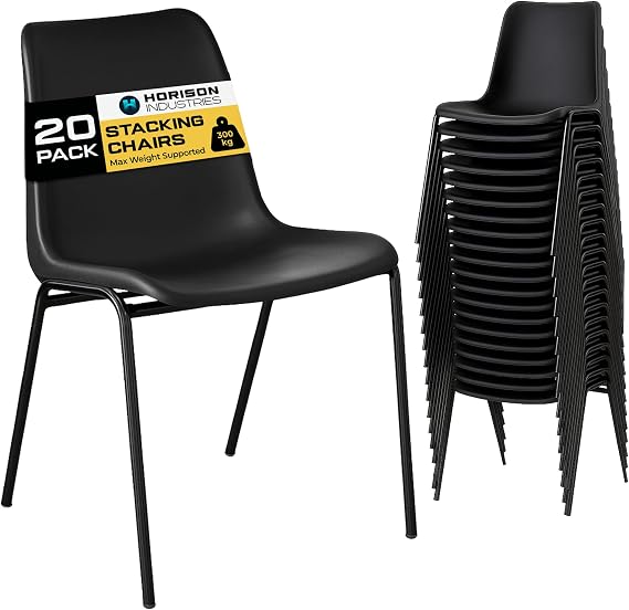 Horison Industries Stackable Plastic Chairs, Black, 20 Pack, 80x45x36cm