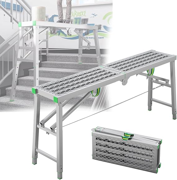 Work Platform Folding Scaffolding Hollow Mesh Work Platform Multipurpose Scaffold Tower Ladder Stool Bench for Decoration Cleaning Construction - 5 Gears Adjustable Height 160×40cm