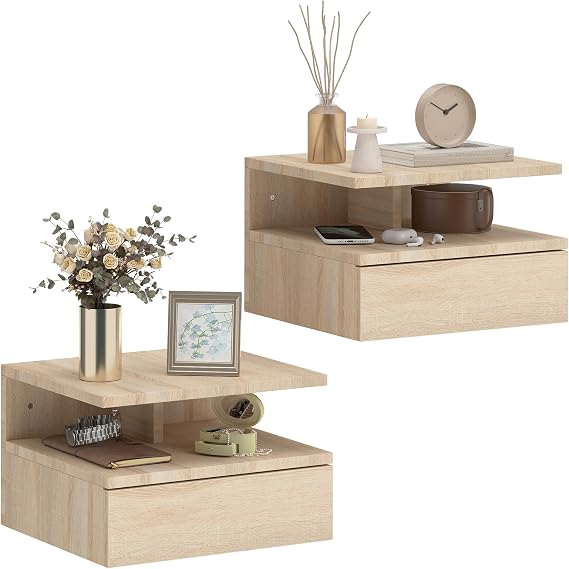 HOMCOM Floating Bedside Table Wall Mount Nightstands Storage Drawer Oak