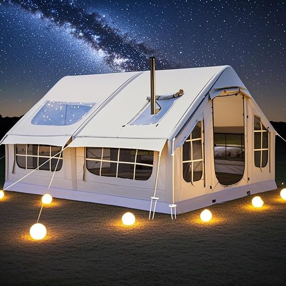 Blow Up Tents 6-8 Man Inflatable Camping Tent, 10㎡ Large Glamping Tent with Stove Hole, Quick To Set Up,Easy Setup Large Family Air Tents 4 Season 3000mm Waterproof Pop-Up Pump Up House,