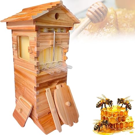 Complete Beekeeping Bee Box, Beehive Starter kit, Wooden Bee Hive House Beehive Box with Automatic Hive Flowing Frames, for Beekeeping,Garden Pollinators