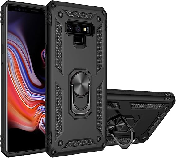 Samsung Galaxy Note 9 ケース、Samsung Note 9 用 デュアルレイヤー 保護 ヘビーデューティ アーマー 頑丈 ミリタリーグレード 保護、磁気キックスタンド カーホルダー 電話ケース ブラック