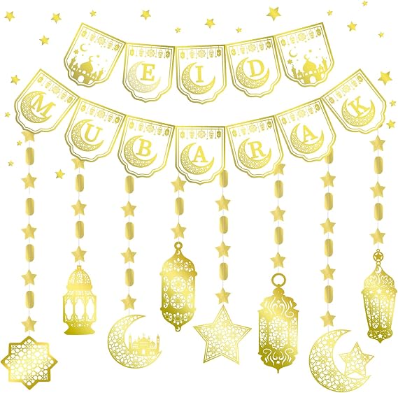 Eid Mubarak Decorations Ramadan Decorations Ramadan Mubarak Banner Eid Mubarak Banner for Home Gold Wall Decoration Bunting Set Ramadhan Kareem Banners Happy Ramzan Decor Garland
