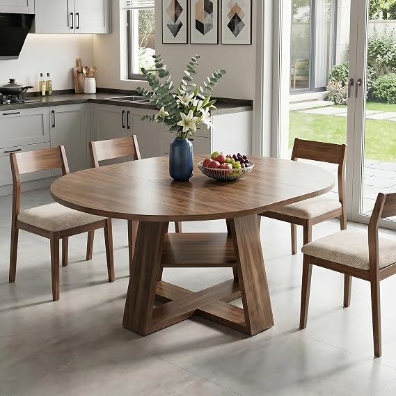 Round Dining Table, 110-150cm Wood Extendable Table for 4-8 People,Oval Kitchen Dining Room Table with Solid Legs for Restaurant, Home(Style 1)