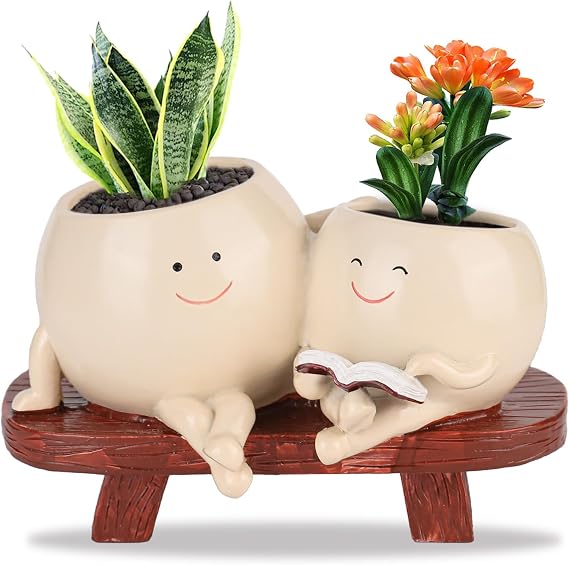 Smily Face Planter Pot Cute Resin Flower Head Planter Rocking Chair Succulent Pots Funny Head Flower Plant Pot with Drainage Hole, Indoor and Outdoor Succulent Pot for Home Decor Gift