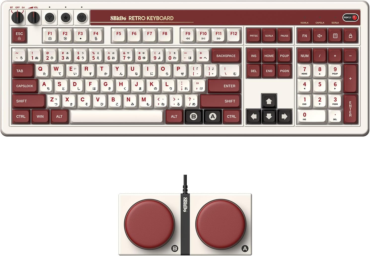 8Bitdo Retro 108 Mechanical Keyboard with 108 Keys and Integrated Numpad, Bluetooth2.4GUSB-C Hot Swappable Wireless Gaming Keyboard for Windows and Android - ANSI US layout - Fami Edition