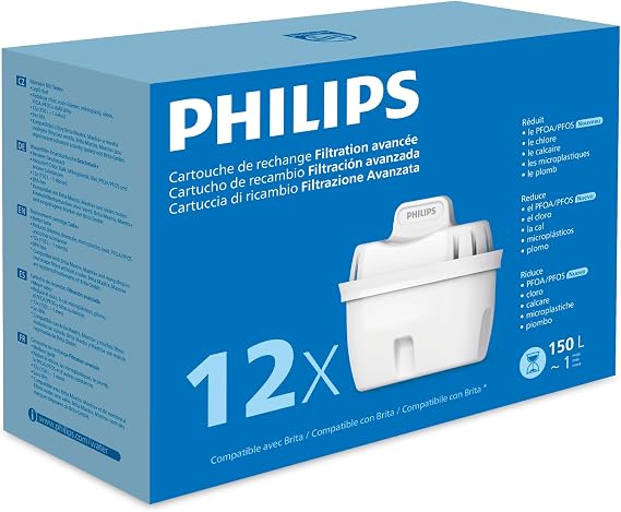 Philips Water Replacement Water Filter Cartridges Advanced Filtration, Pack of 12 Filters, Reduces MICROPLASTIC, CHLORINE, CAL, HEAVY METALS, BRITA Compatible*
