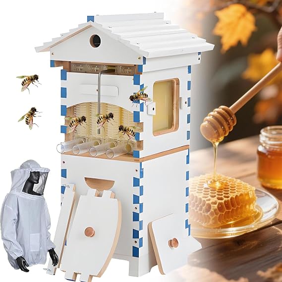Beehive Starter Kit, Automatic Self-Flowing Honey Hive, Complete Wooden Bee Box, Includes Beekeeper Suit with Observation Window & Honey Spout for Beginners & Hobbyists