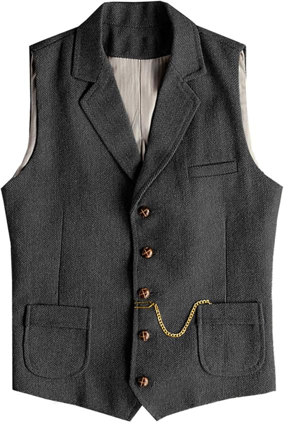 Men's Western Herringbone Tweed Suit Vest Wool Slim Fit Waistcoat