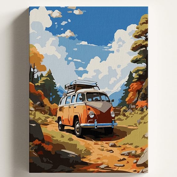 Sayılarla Boyama Tuval Hobi Seti, KÜÇÜK VOSVOS Temalı Fırça ve Boya Dahil Set (Çıtalı) 40x50 CM, Kendin Yap Sayılarla Tuval Boya Kiti (KASNAKLI)