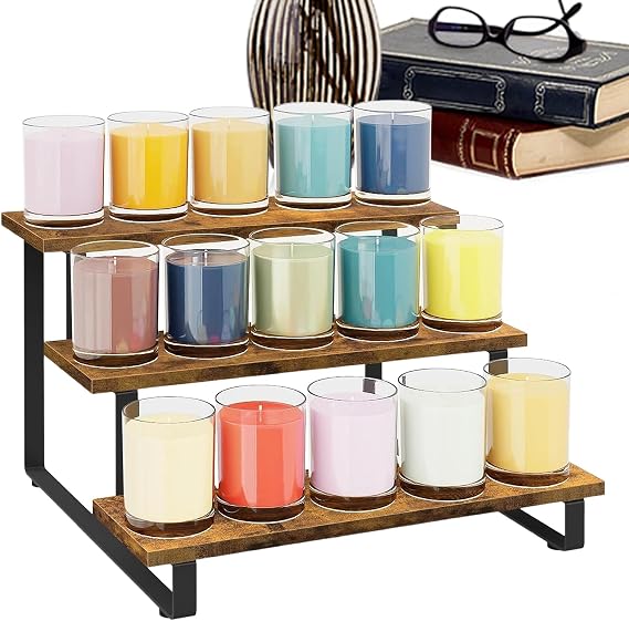 Wood Display Riser | 3 Tier Merchandise Shelves - Home Jewelry Straightener for Kitchen, Cafeteria, Fair Market, Craft Show, Retail, Farmhouse Style Display | 香水ディスプレイ棚 ドール・コスメティクス・ホームオーナー・ショップ・リテーラー・本棚・オフィスデスク・化粧台・トレードショー・クラフトテーブル用