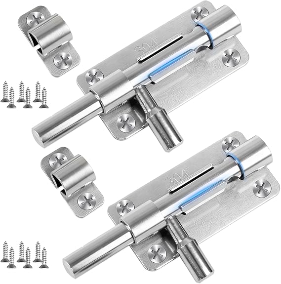 2 Set Door Lock Bolt, 4 Inch Bolt Lock Stainless Steel Heavy-Duty Gate Bolt, Silver Door Latch Security Slide Bathroom Lock with Screws, Door Bolts for Internal Doors, Garden Sheds, 100mm