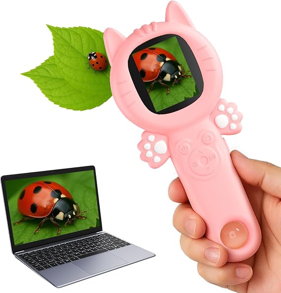 PHNIXGAM Microscope for Kids, Mini Pocket Handheld Kid Microscope for Toddlers, Educational Science Kit Digital Toy, Christmas Birthday Gifts Toys for 3+ Years Old Girls Boys, Pink Cat