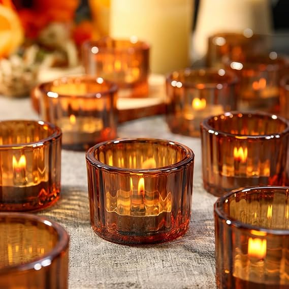 Amber Tea Light Candle Holders Set of 12, 5cm x 3.5cm Glass Tealight Holders for Table Centerpiece, Mini Vintage Striped Candle Holders for Weddings, Birthday Parties, Home Decor, Table Decor